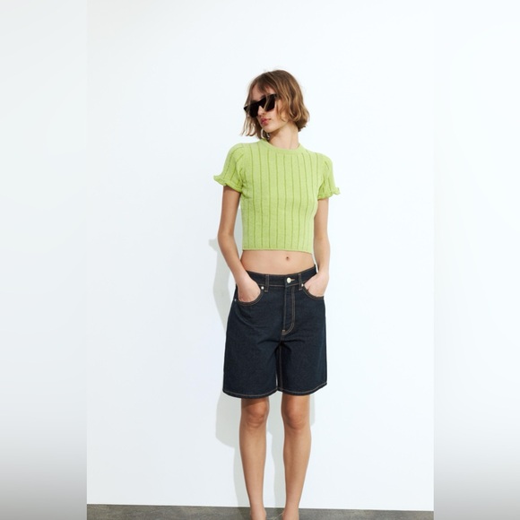 ZARA Ribbed Chenille Crop Top - Light Green - Picture 3 of 6